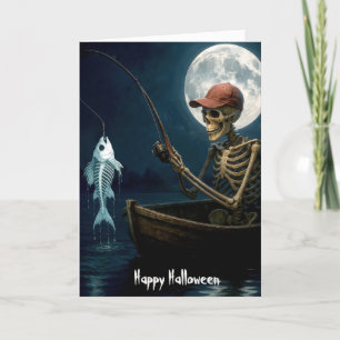 Halloween Skeleton fiskar i en träbåt Kort