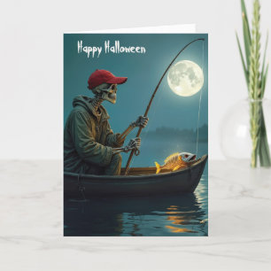 Halloween Skeleton fiskar i en träbåt Kort