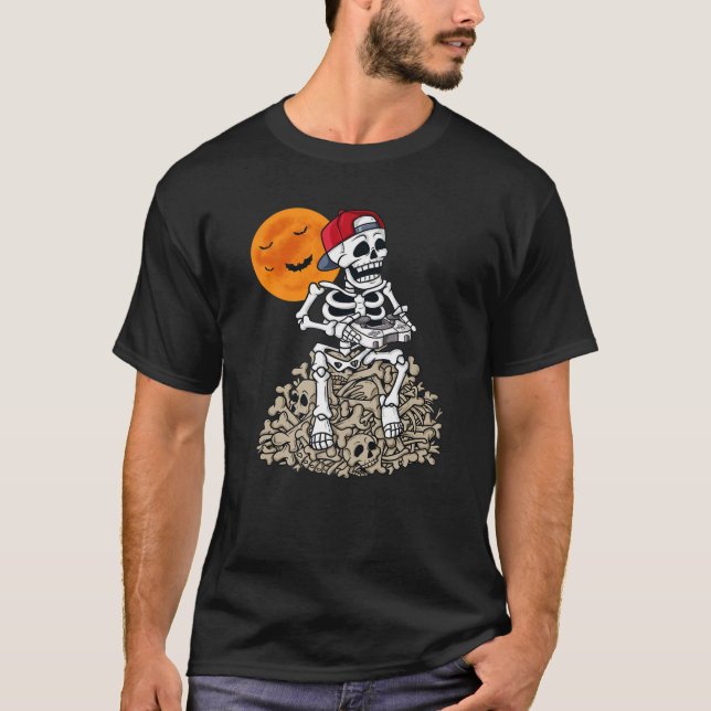 Halloween Skeleton Gamer Boys Kids Tonåringar spel T Shirt (Framsida)