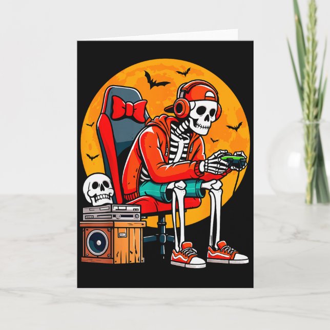 Halloween Skeleton Gamer Funny Video Gaming Hallow Kort (Framsida)