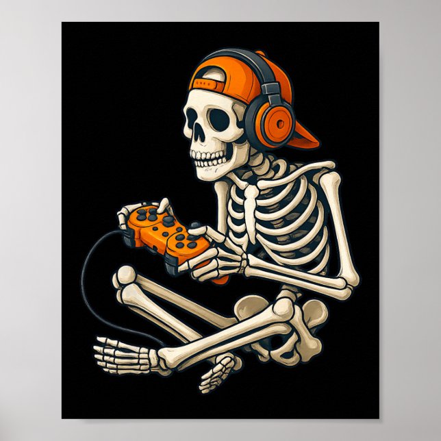 Halloween Skeleton Gamer-hörlurar Video Gaming C Poster (Framsidan)