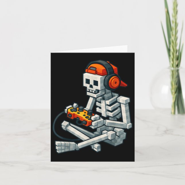 Halloween Skeleton Gamer Pixel Video Gaming Boys M Kort (Framsida)