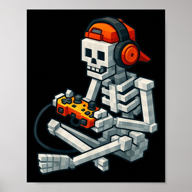 Halloween Skeleton Gamer Pixel Video Gaming Boys M Poster (Framsidan)