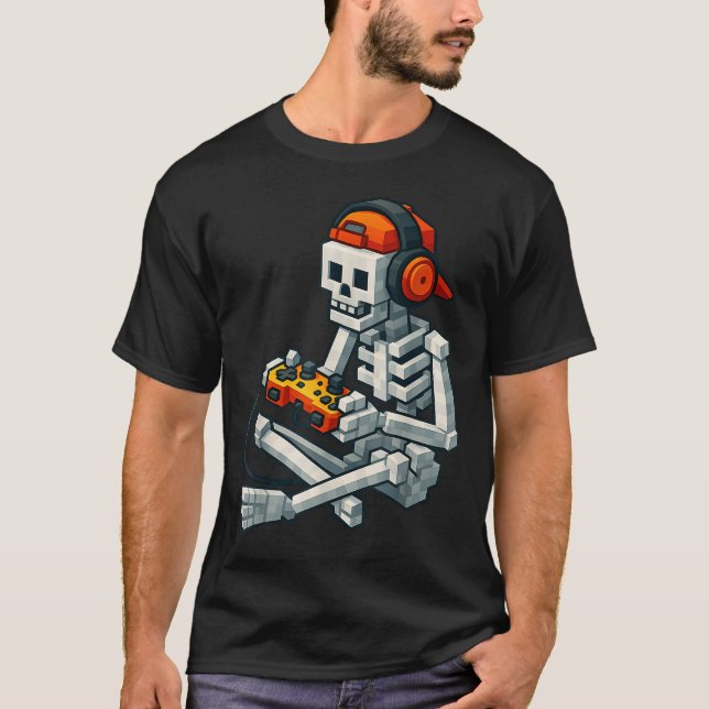 Halloween Skeleton Gamer Pixel Video Gaming Boys M T Shirt (Framsida)