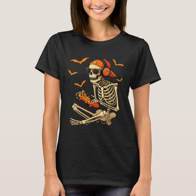 Halloween Skeleton Gamer Video Gaming Boys Manar T Shirt (Framsida)