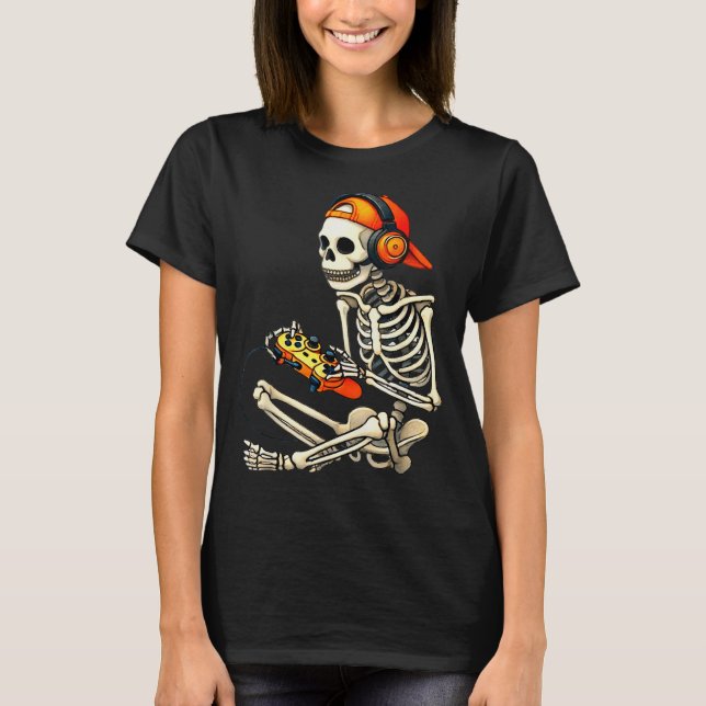 Halloween Skeleton Gamer Video Gaming Boys Men Kid T Shirt (Framsida)