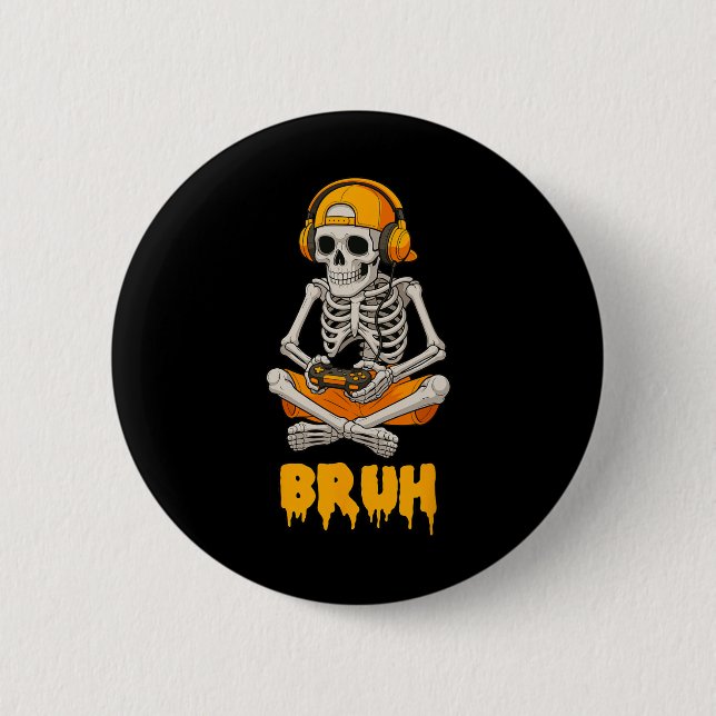 Halloween Skeleton Gamer Video Gaming Funny Skelet Knapp (Framsida)