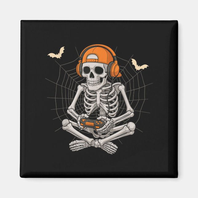 Halloween Skeleton Gamer Video Gaming Funny Skelet Magnet (Framsidan)