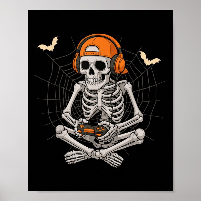 Halloween Skeleton Gamer Video Gaming Funny Skelet Poster (Framsidan)