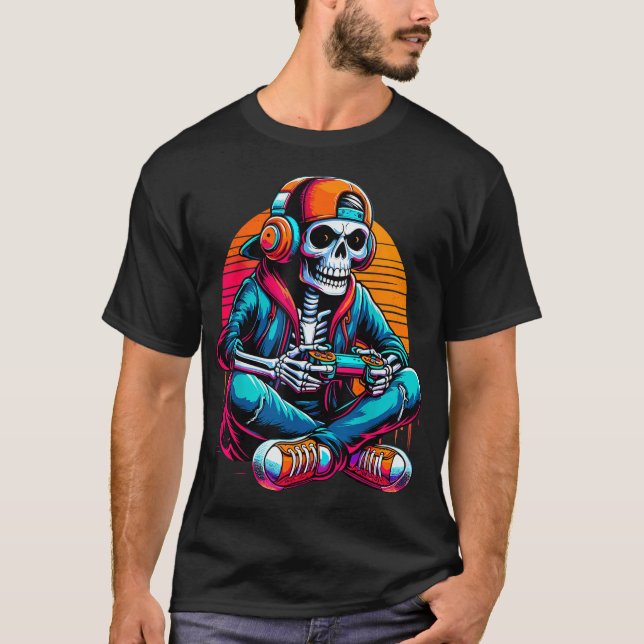 Halloween Skeleton Gamer Video Gaming T Shirt (Framsida)