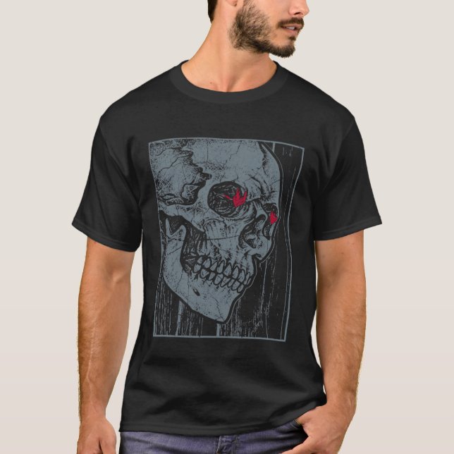 Halloween Skeleton Gothic Flaming Heart Eyes Skull T Shirt (Framsida)
