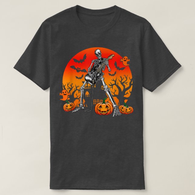 Halloween Skeleton Guitar Rock Band Jack O Lantern T Shirt (Design framsida)