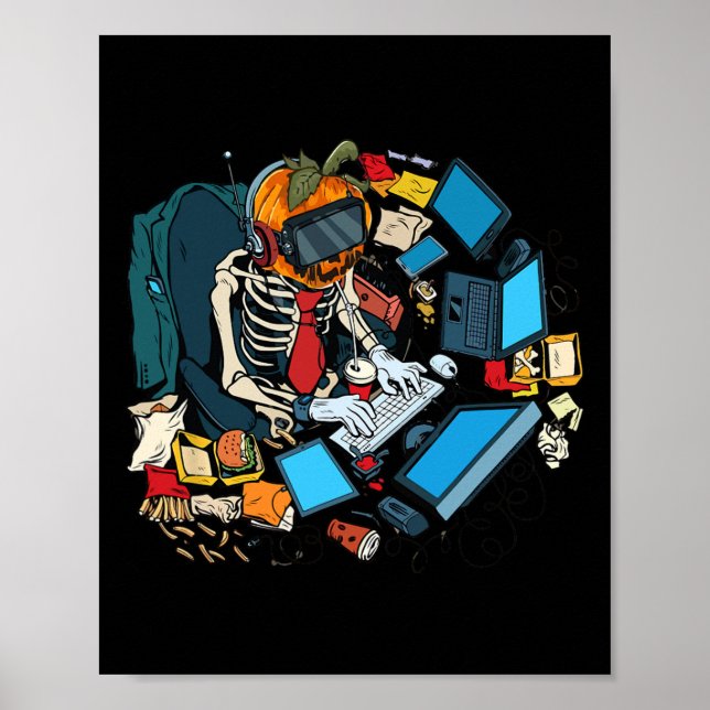 Halloween Skeleton Jack o lantern Gamer Boys Poster (Framsidan)