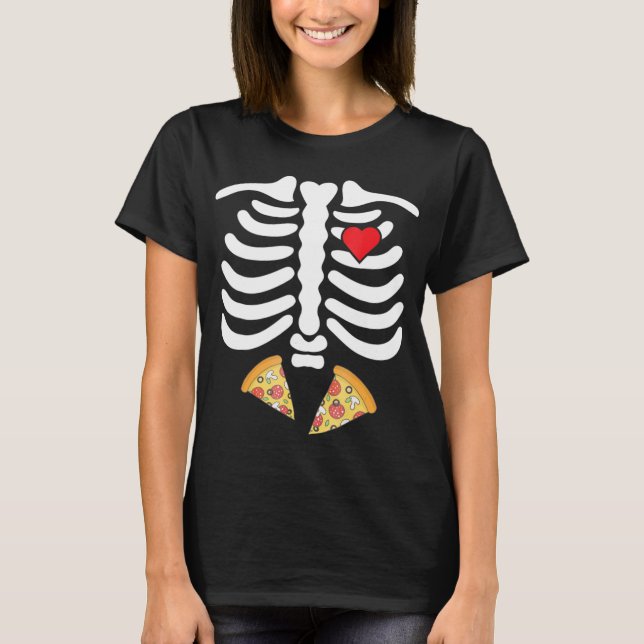 Halloween Skeleton Junk Food Belly Pizza T Shirt (Framsida)