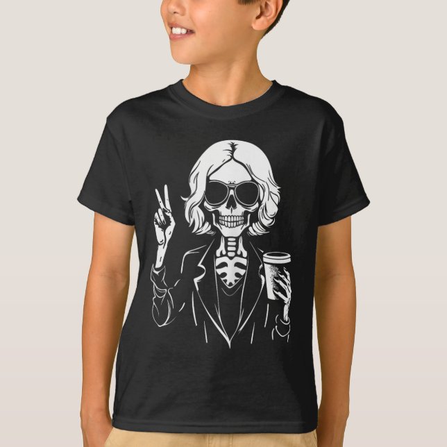 Halloween Skeleton Lazy Drinking Kopp Coffee Costu T Shirt (Framsida)