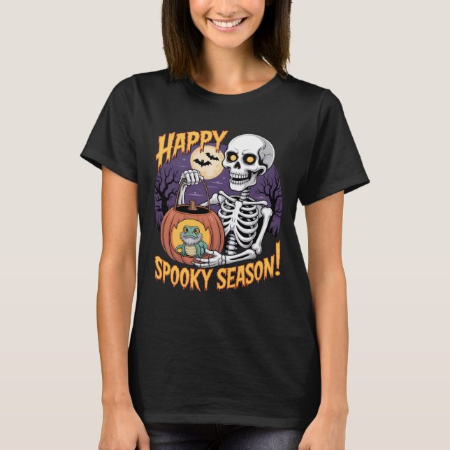 Halloween Skeleton med Lizard Pumpkin T Shirt (Framsida)