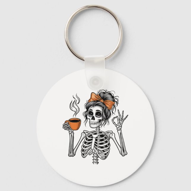 Halloween Skeleton Messy Bun Coffee Funny Costume Nyckelring (Framsida)