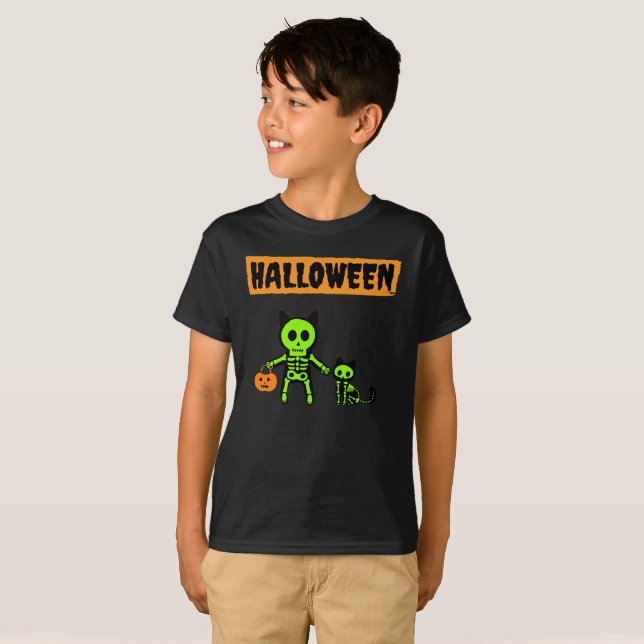Halloween Skeleton och Cat T Shirt (Hel framsida)