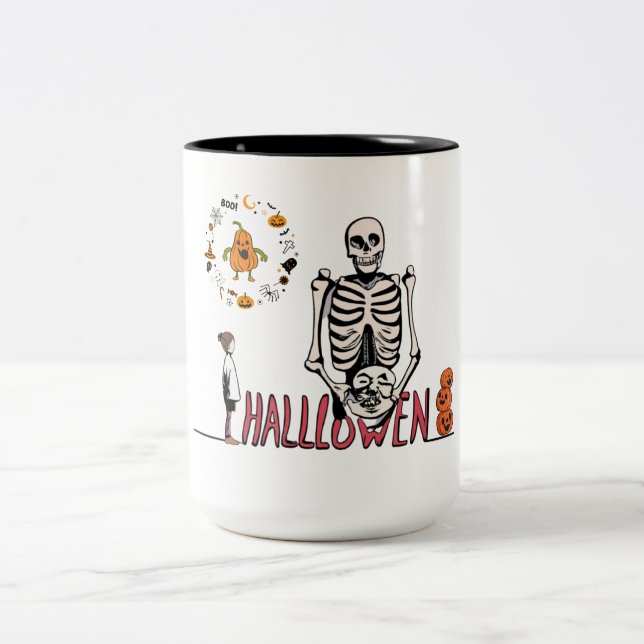 Halloween Skeleton och Pumpkins Två-Tonad Mugg (Center)