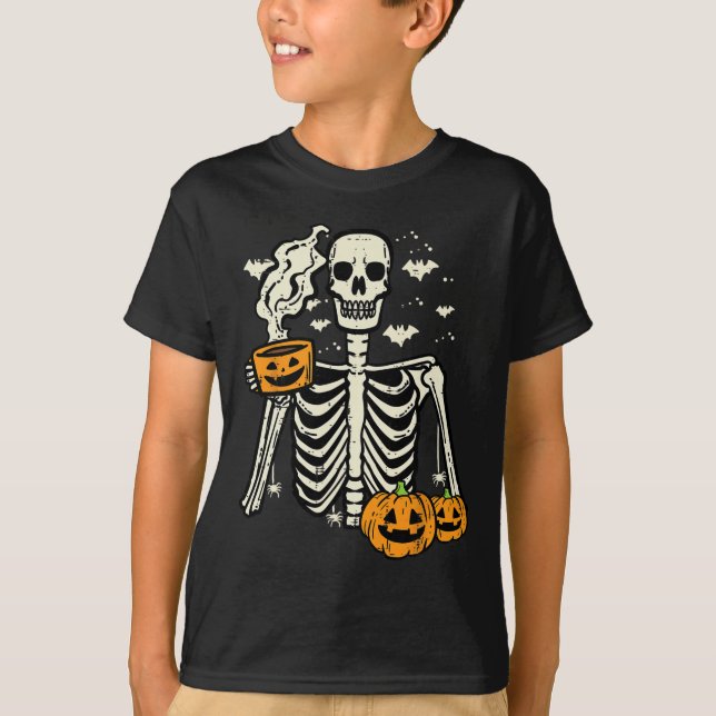 Halloween Skeleton Pumpkin Fall Coffee Roligt Cost T Shirt (Framsida)