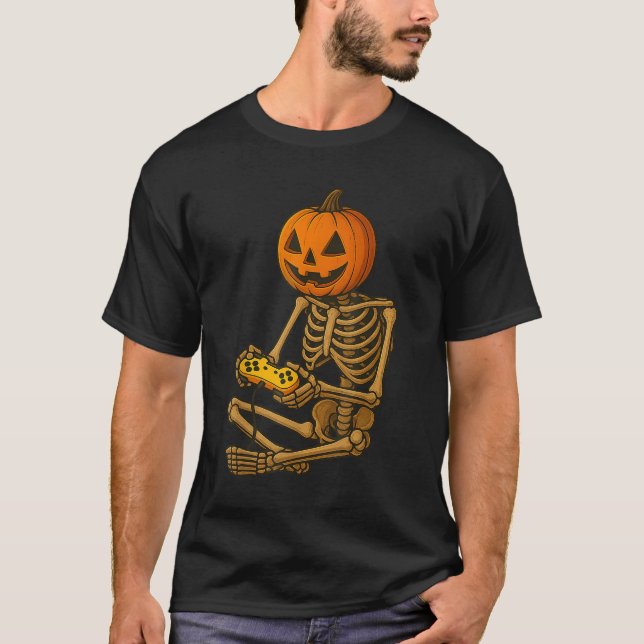 Halloween Skeleton Pumpkin Gamer Video Gaming Men  T Shirt (Framsida)