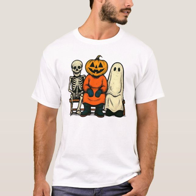 Halloween Skeleton Pumpkin Ghost T Shirt (Framsida)