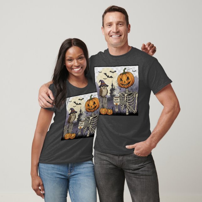 Halloween Skeleton Pumpkin Uggla Mörk Graphic T-Sh T Shirt (Unisex)