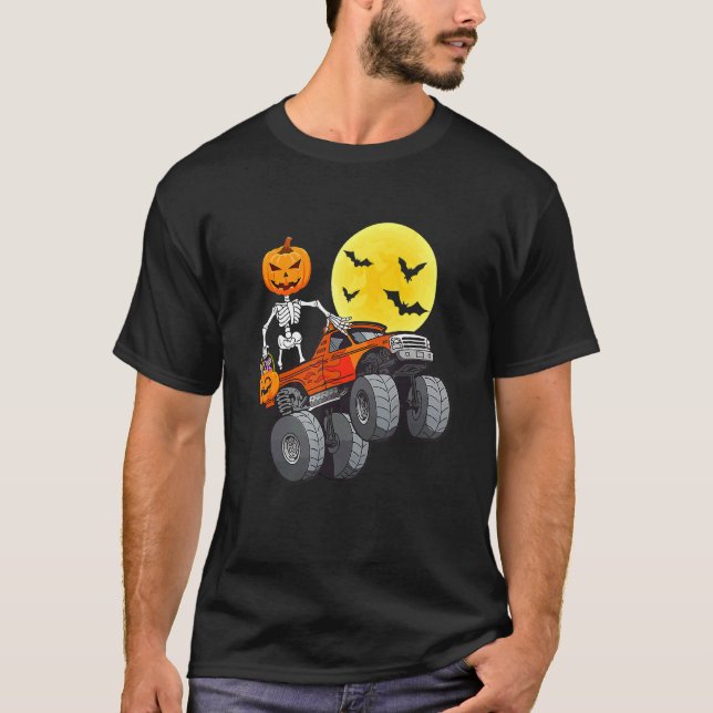 Halloween Skeleton Riding Monster Truck Toddler Bo T Shirt (Framsida)