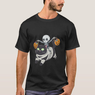 Halloween Skeleton Riding Mummy Cat with Pumpkins T Shirt