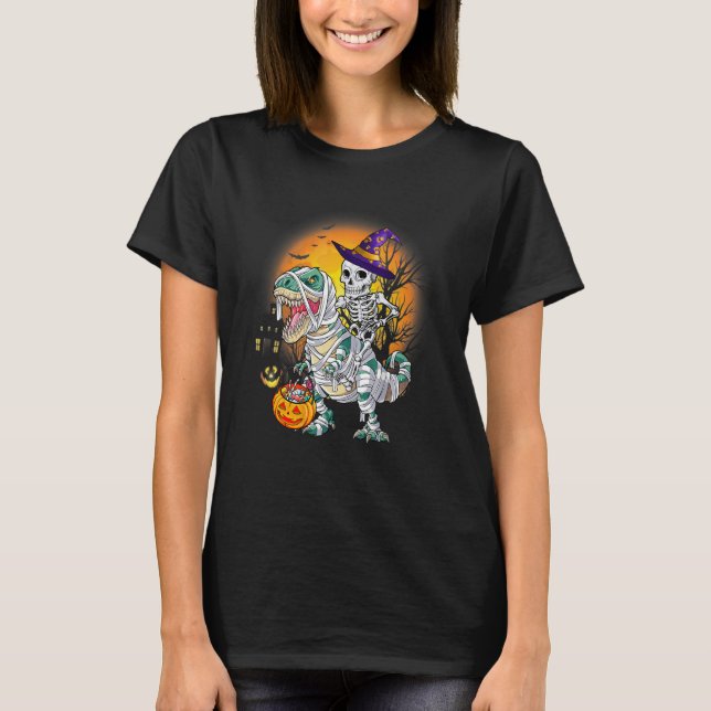 Halloween Skeleton Riding Mummy Dinosaur Rex  Pump T Shirt (Framsida)