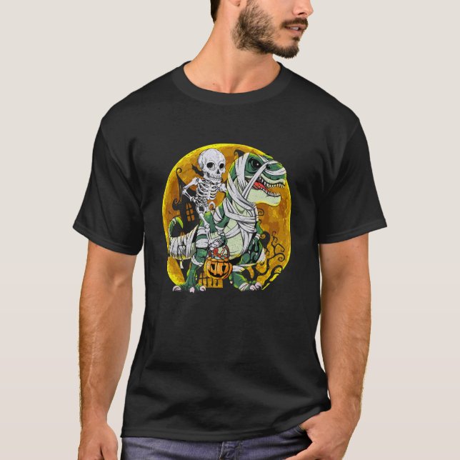 Halloween Skeleton Riding Mummy Dinosaur rex Pumpk T Shirt (Framsida)