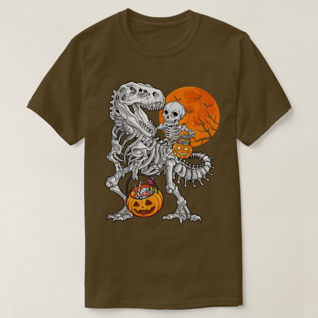 Halloween Skeleton Riding Mummy Dinosaur T rex Pum Shirt (Design framsida)
