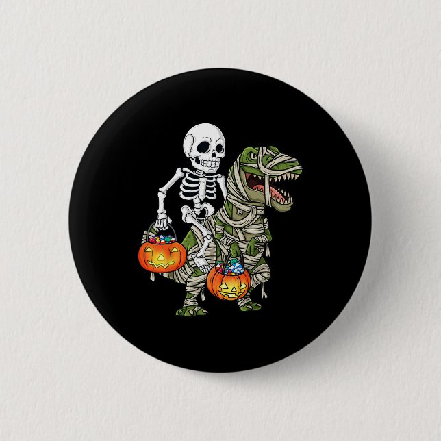 Halloween Skeleton Riding Mummy Dinosaur T Rex Rol Knapp (Framsida)