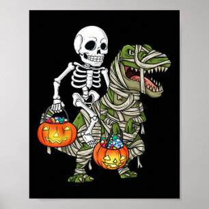 Halloween Skeleton Riding Mummy Dinosaur T Rex Rol Poster