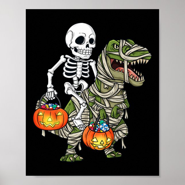 Halloween Skeleton Riding Mummy Dinosaur T Rex Rol Poster (Framsidan)