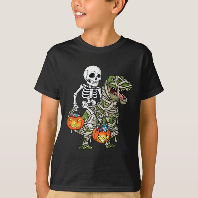 Halloween Skeleton Riding Mummy Dinosaur T Rex Rol Shirt (Framsida)