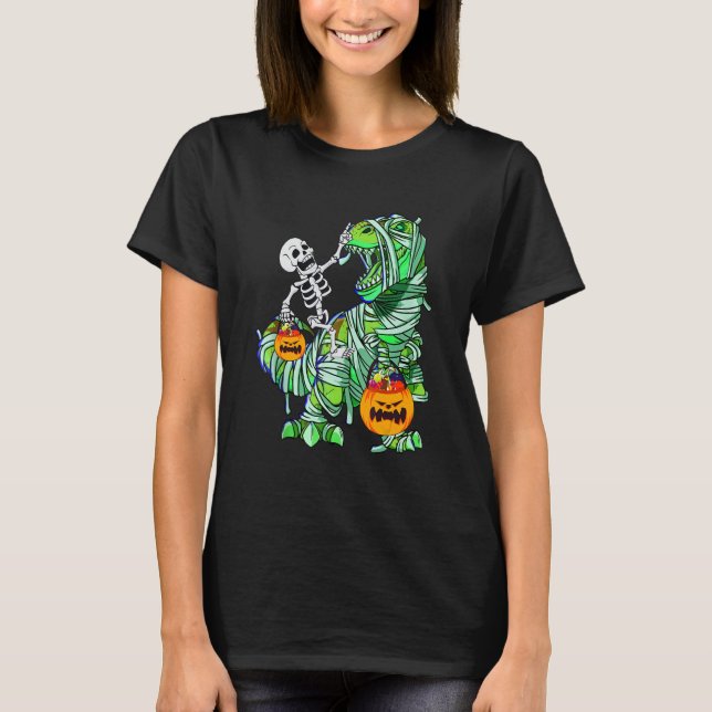 Halloween Skeleton Riding Mummy Rex Dinosaur Kids T Shirt (Framsida)