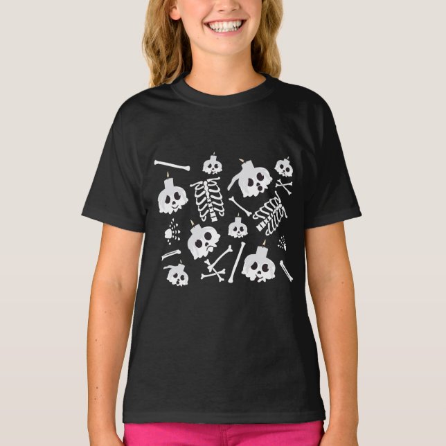 Halloween Skeleton Skull Bones Mönster T Shirt (Framsida)
