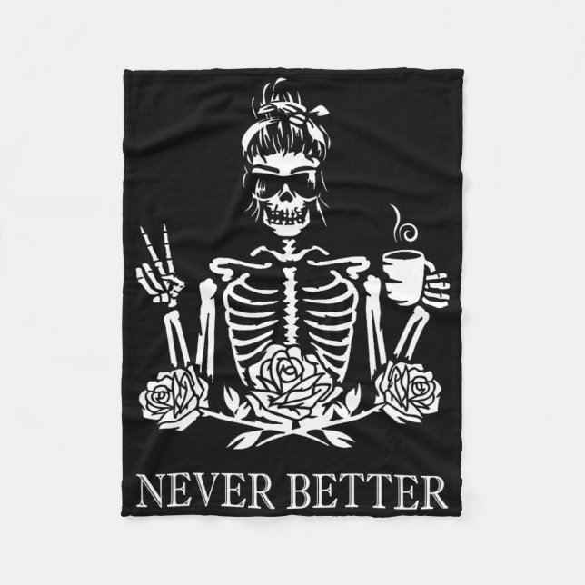 Halloween Skeleton Skull Kvinnor som dricker kaffe Fleecefilt (Framsidan)