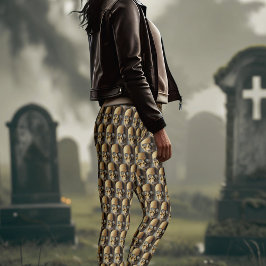 Halloween Skeleton Skull Mönster Brown Leggings