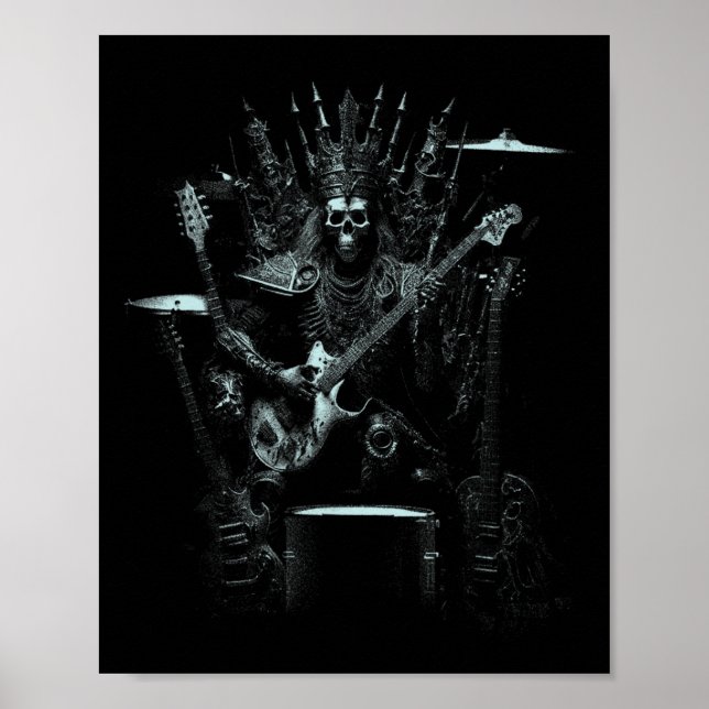 Halloween Skeleton spelar Guitar Throne Sten och Poster (Framsidan)
