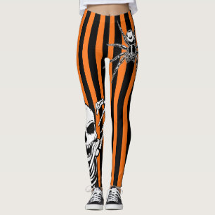 Halloween Skeleton Spider Orange Black Stripe Leggings