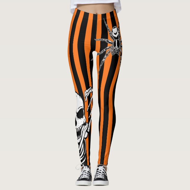 Halloween Skeleton Spider Orange Black Stripe Leggings (Framsida)