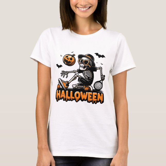 Halloween Skeleton Tennis Player T Shirt (Framsida)