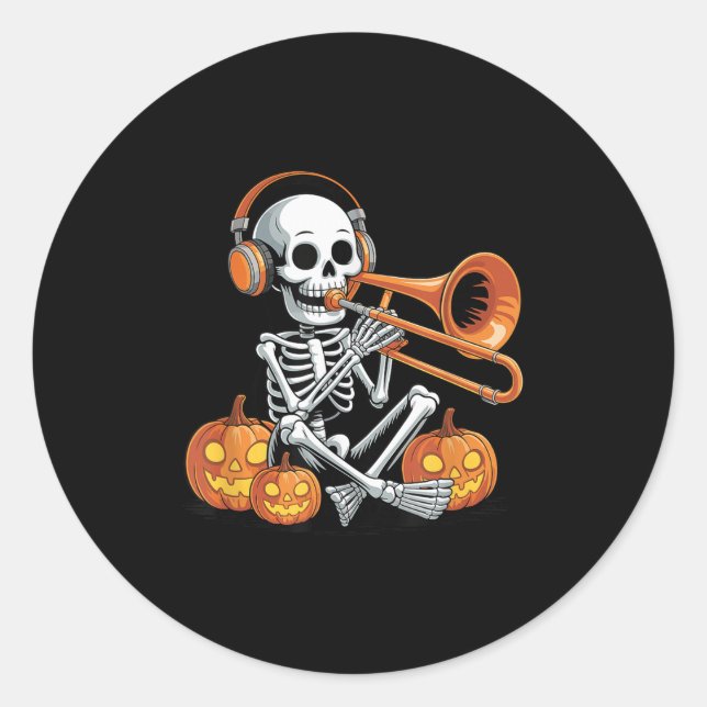 Halloween Skeleton Trombone Trombonist  Runt Klistermärke (Framsida)
