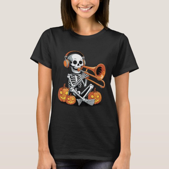 Halloween Skeleton Trombone Trombonist  T Shirt (Framsida)