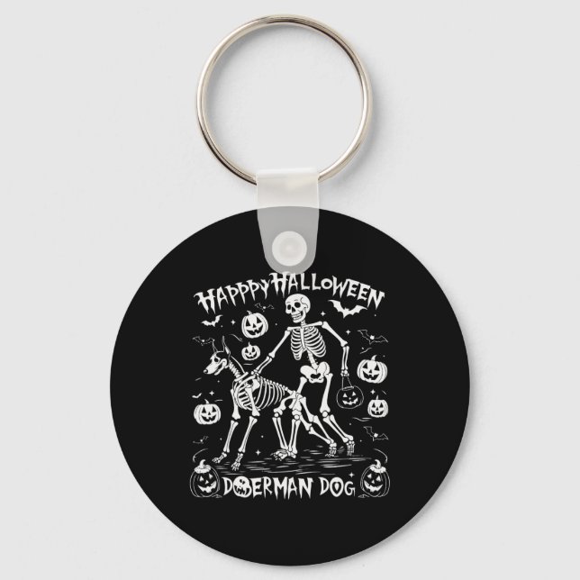 Halloween Skeleton Walking Doberman Hund Nyckelring (Framsida)
