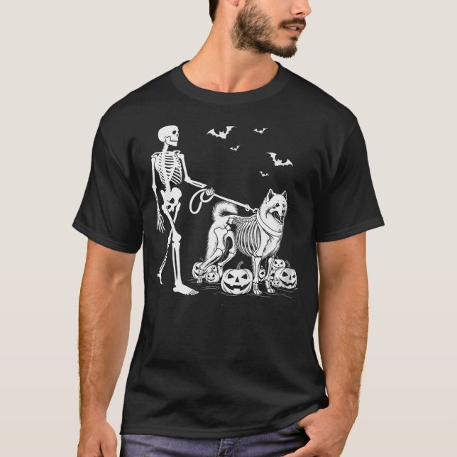 Halloween Skeleton Walking Samoyed Dog T Shirt (Framsida)