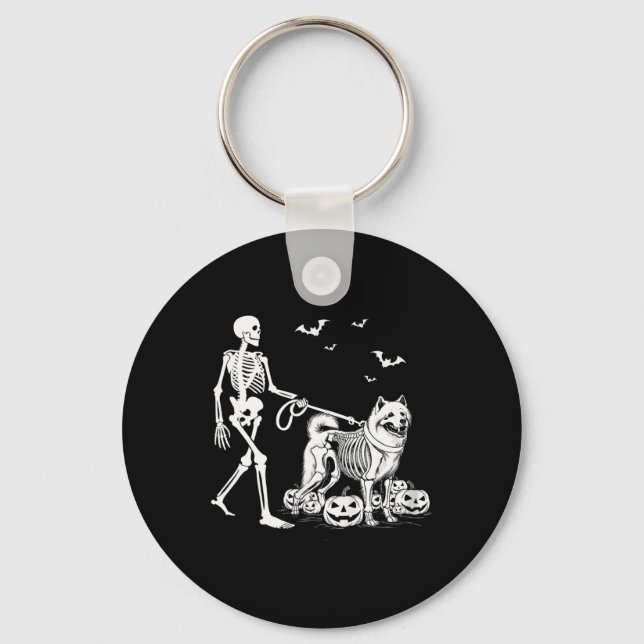 Halloween Skeleton Walking Samoyed Hund Nyckelring (Framsida)