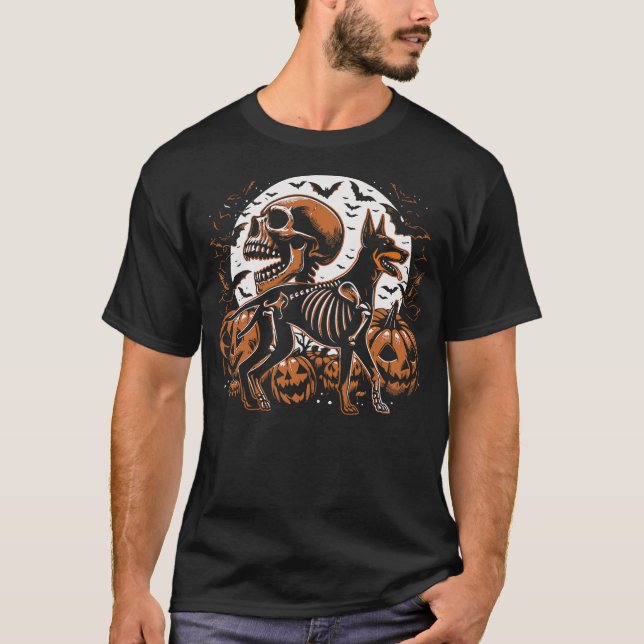 Halloween Skeleton Walking Skeletal Doberman Dog T Shirt (Framsida)